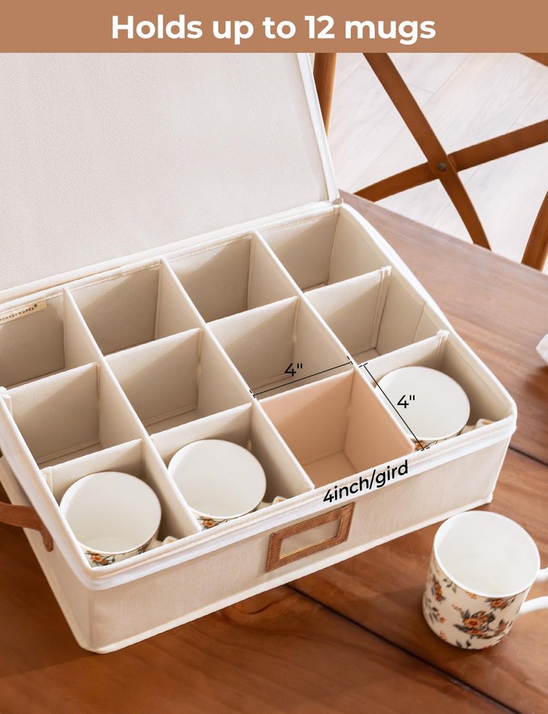StorageWorks China Storage Container, Stackable Mug Storage Box with Dividers, Stemware Storage Cases, Hard Shell China Cup Organizer, Holds 12 Tea Cups and Coffee Mug, 1 Pack, Beige