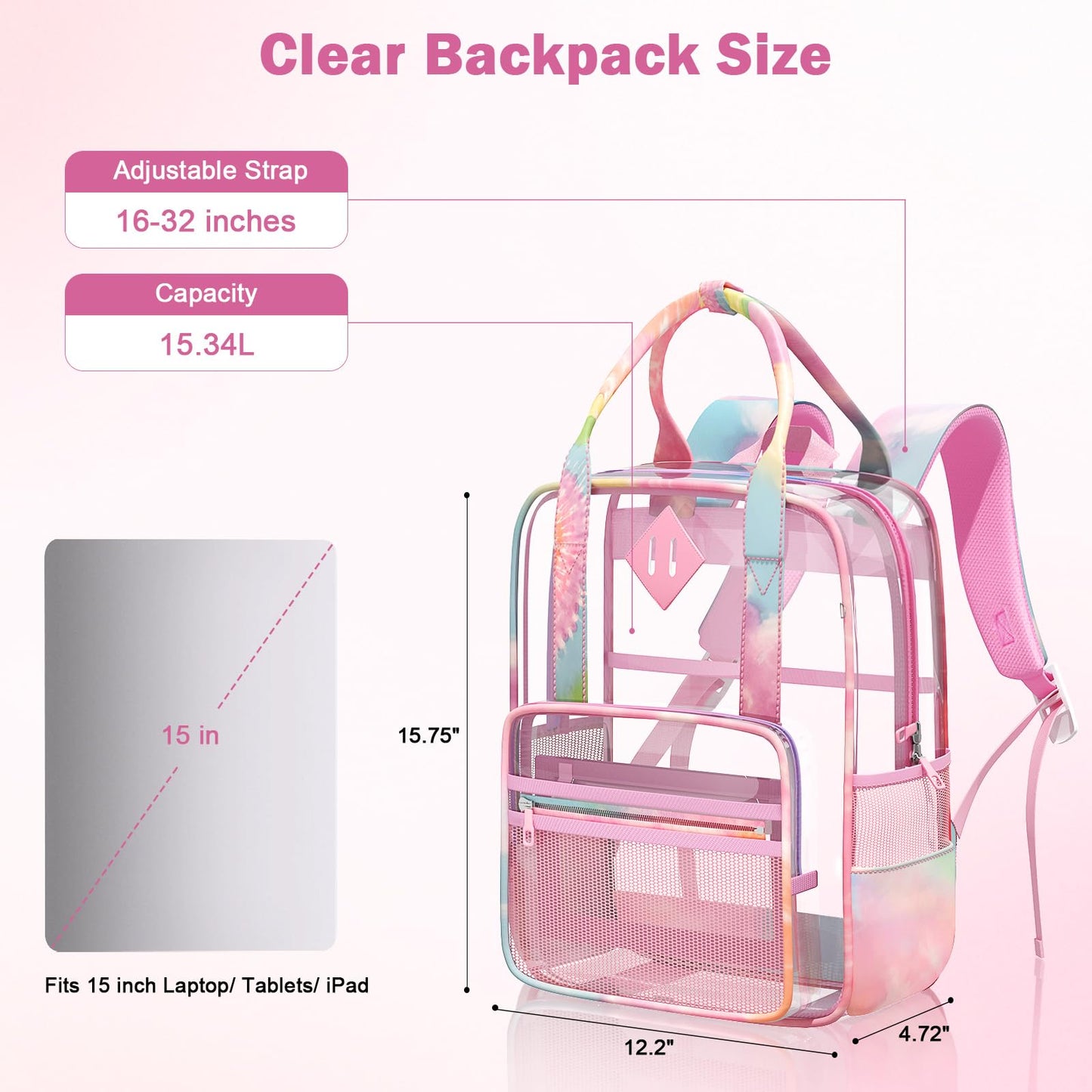 Rinooau Clear Backpack Heavy Duty, PVC Clear Bag for Stadium Events See Through Pink Bookbag, Transparent Backpack for Girls Women Kids Stadium Approved Clears Concert Bag for School Work Travel