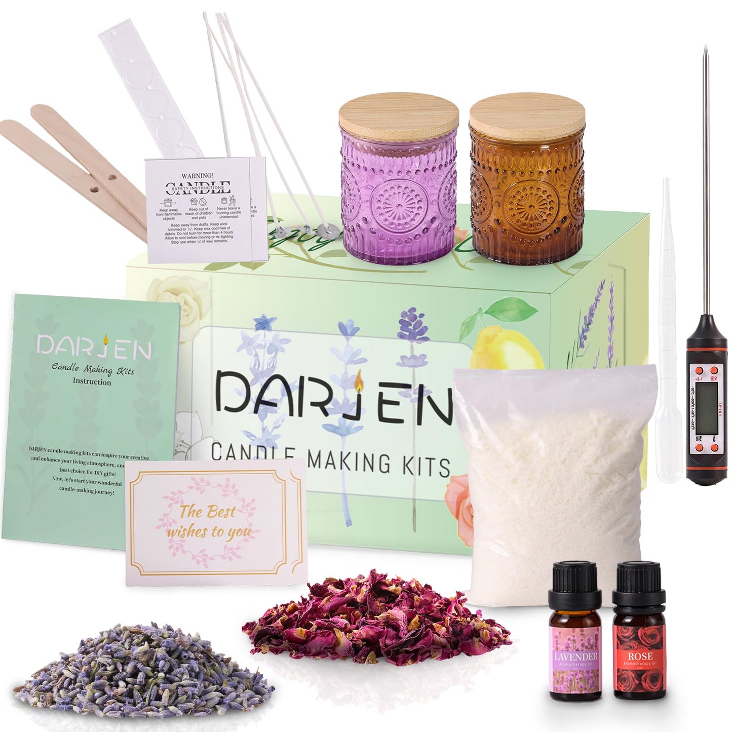 DARJEN Candle Making Kits for Adults- Soy Candle Making Supplies with 2 Candle Jars(Purple, Amber), Wax, Scents, Card & More, DIY Starter Candle Making Kit, Full Set DIY Arts & Crafts Gift