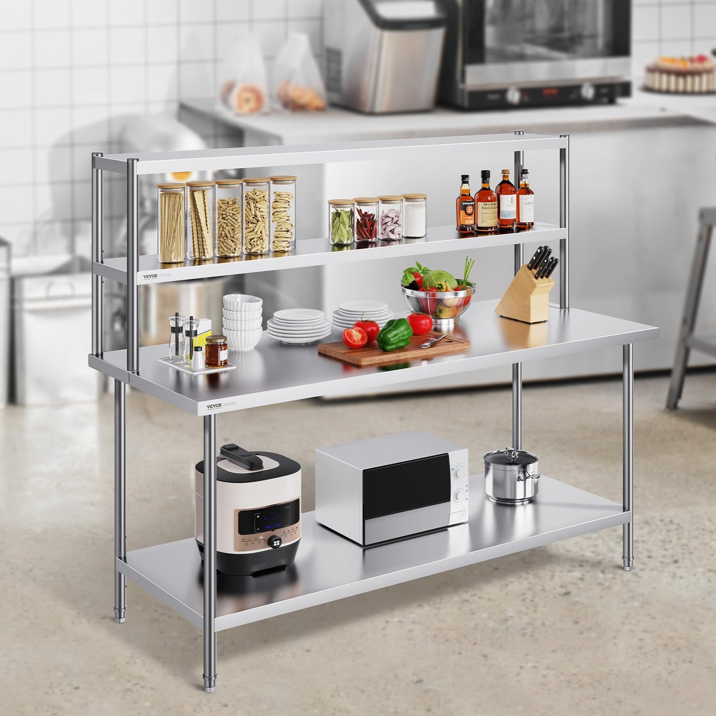 VEVOR Double Tier Stainless Steel Overshelf, 12 x 72 Inch Double Deck Height Adjustable Prep Work Table for Kitchen, Restaurant and Workshop