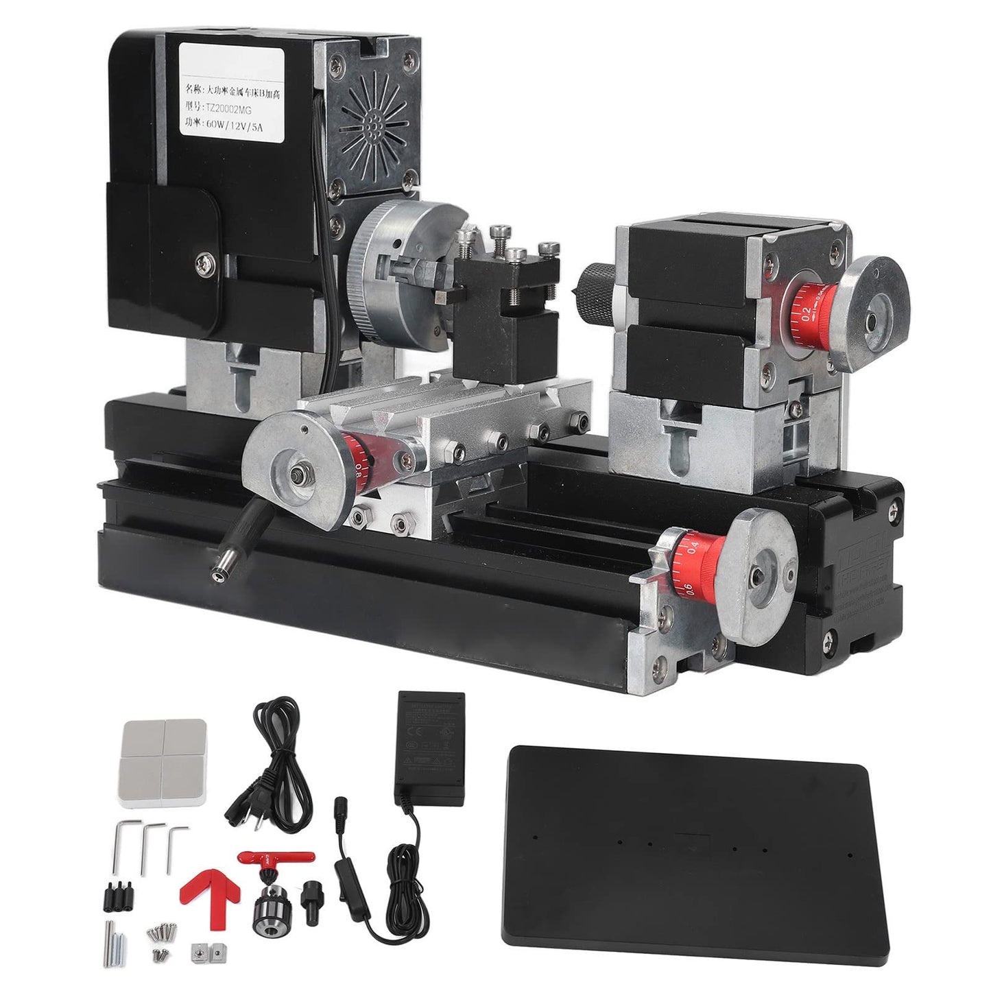 Mini Metal Lathe Machine, 12VDC 60W 12000RPM High Power Micro Lathe with Drill Chuck for Woodworking and Soft Metal Processing