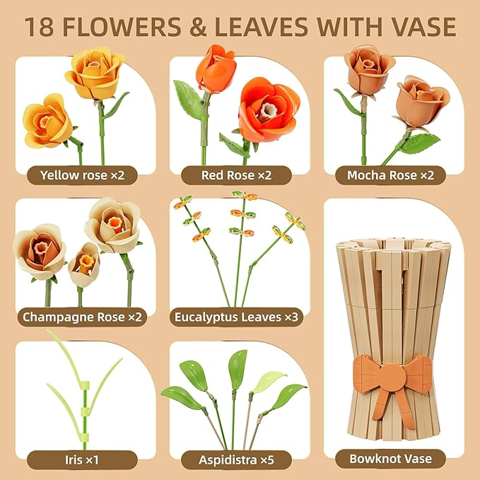 Flowers Bouquet Building Set 868 PCS Rose Botanical Collection Kit Artificial Flowers Toys Botanical Collection DIY Unique Home&ampOffice Bonsai Decoration Gift for Valentine's Day Mother's Day Chris