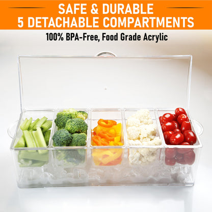 Ice Chilled Condiment Containers with Hinged Lid - Chilled Condiment Server with Lid, Clear Serving Tray Includes 5 Detachable Compartments, 3 Tongs, 3 Spoon and 1 Grey Pad