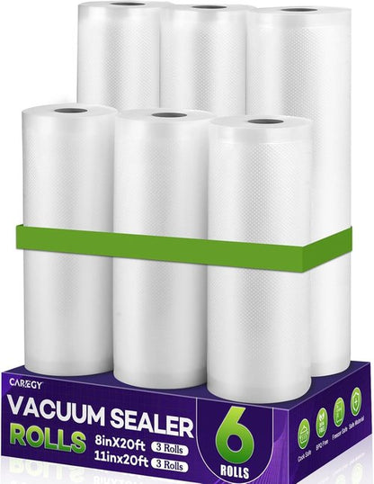 CAREGY Food Vacuum Sealer Rolls - 6 Pack BPA-Free Embossed Bags | 3 Rolls 8'' x 20' & 3 Rolls 11'' x 20' for Meal Prep & Sous Vide Cooking
