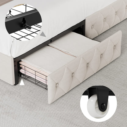 Keyluv King Upholstered LED Bed Frame with 4 Drawers, Velvet Platform Storage Bed with Adjustable Button Tufted Headboard and Solid Wooden Slats Support, No Box Spring Needed, Beige