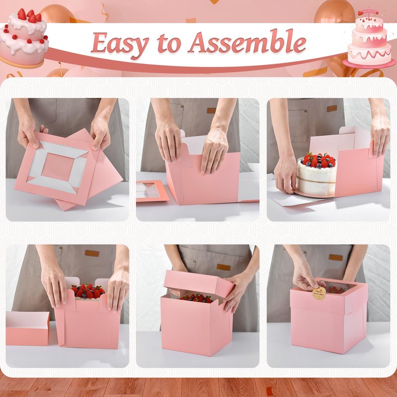 DOYIDE 12Pcs Cake Boxes, 12x12x6 Inches Pink Bakery Boxes with Window, Large Disposable Cake Carrier Container for Pastries, Pie, Cookies, Chocolates, Cupcakes Dessert Boxes