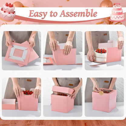 DOYIDE 12Pcs Cake Boxes, 12x12x6 Inches Pink Bakery Boxes with Window, Large Disposable Cake Carrier Container for Pastries, Pie, Cookies, Chocolates, Cupcakes Dessert Boxes
