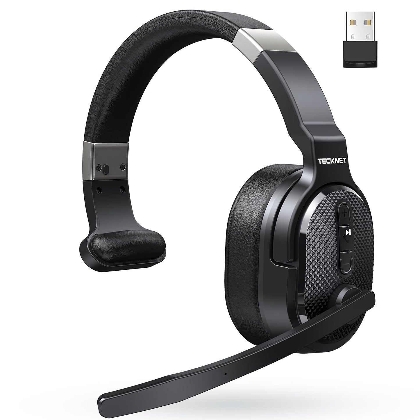 TECKNET Trucker Bluetooth Headset, Stable V5.2 & USB Dongle Connection, 70h Wireless Bluetooth Headsets with Mic and Mute, ENC Noise Canceling, Headset for Truck Drivers, Cell Phone, PC Comfort Office