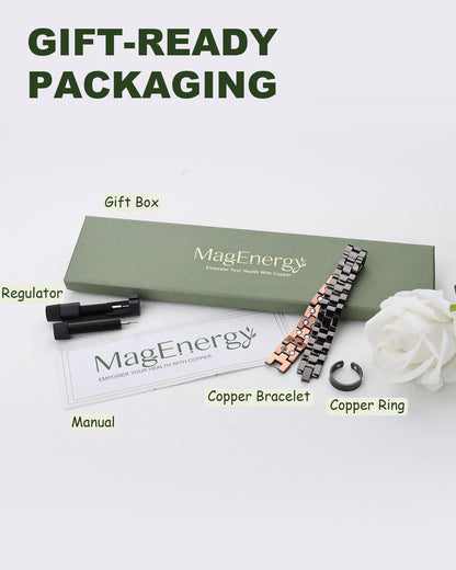 MagEnergy Mens Copper Magnetic Bracelets & Lymphatic Drainage Ring, 99.9% Pure Copper Bracelet with Double-Row Strength Magnets, Adjustable Jewelry with Sizing Tool