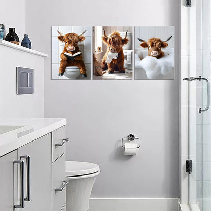 JBZDD Highland Cow Bathroom Canvas Wall Art Set of 3, Funny Cute Rustic Farmhouse Cow Prints for Bathroom Restroom Home Decor 24x16 Inch Framed