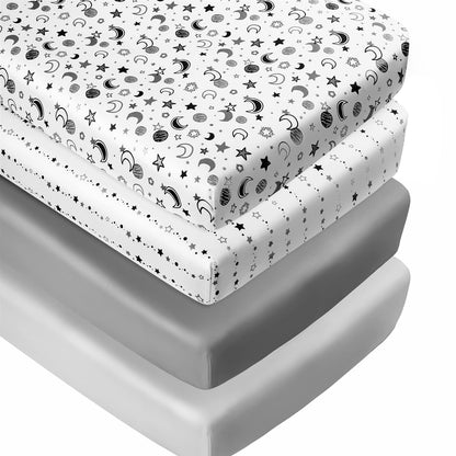 FIGEPO 4 Pack Star and Moon Neutral Unisex Fitted Baby Crib Sheets Set for Baby Boys or Girls
