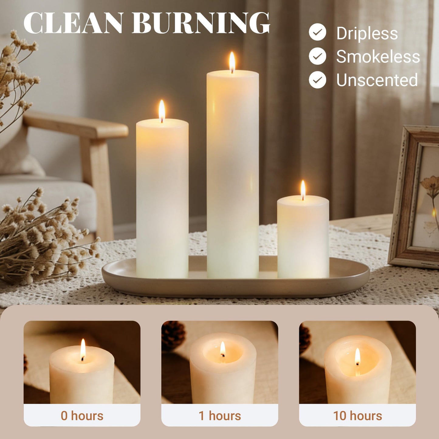 SDBALLBZ 3 Pcs White Pillar Candles Bulk Set, 2x3” 2x6” 2x8” Paraffin Hurricane Candles, Unscented Dripless Smokeless, Long Burning for Home & Table Decoration, Dinner & Romantic Atmosphere
