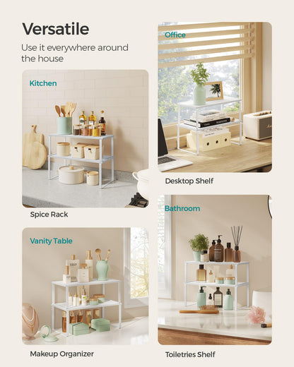 SONGMICS Cabinet Organizer Shelf, Set of 4 Kitchen Counter Shelves, Kitchen Storage, Spice Rack, Stackable, Expandable, Metal and Engineered Wood, Cloud White and Natural Beige UKCS010N01