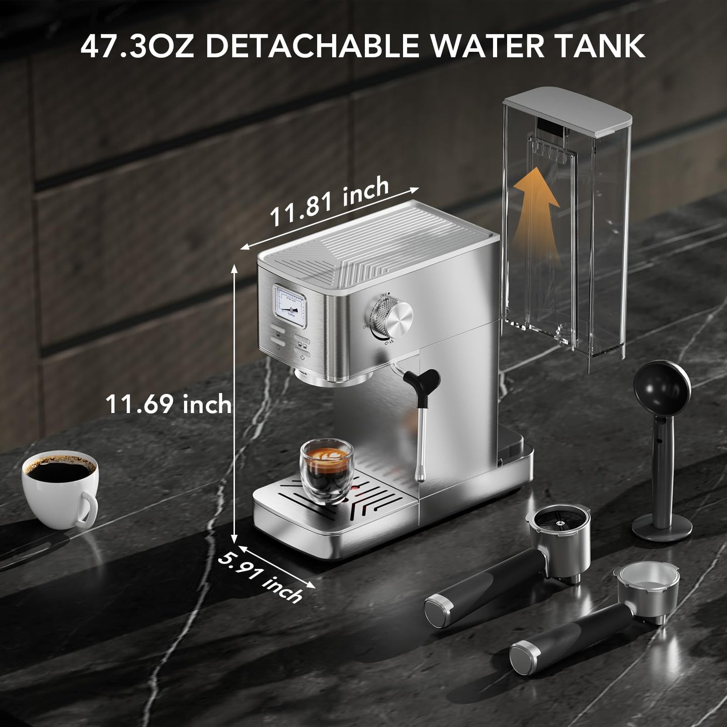 Espresso Machine 20 Bar, Compact Espresso Maker with Milk Frother, Visual Pressure Gauge, Commercial Coffee Machine with 47oz Removable Water Tank and Capsule Funnel, for Cappuccino, Latte