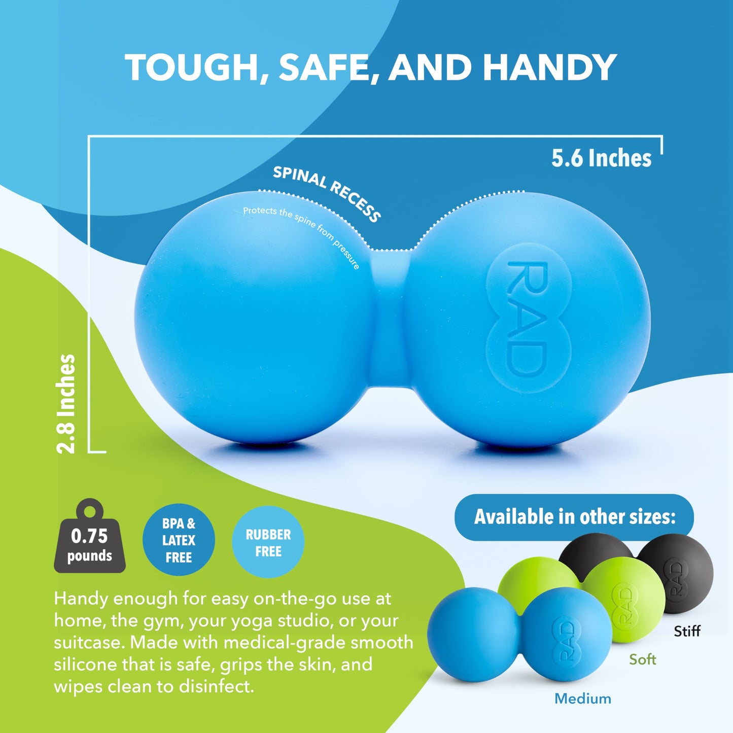 RAD Original Peanut Massage Ball – Medium Density Yoga Deep Tissue Roller Ball – Myofascial Release for Back, Neck, Feet, Psoas & Spine – Suboccipital & Thoracic Trigger Point Therapy