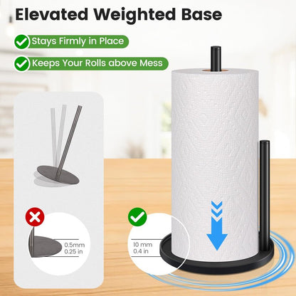 Black Paper Towel Holder Countertop, Paper Roll Holder Stand with Anti-Slip Weighted Base, Easy-Tear Papers Towel Rack Free Standing Tissue Dispenser for Bathroom Kitchen Organization RV Essentials