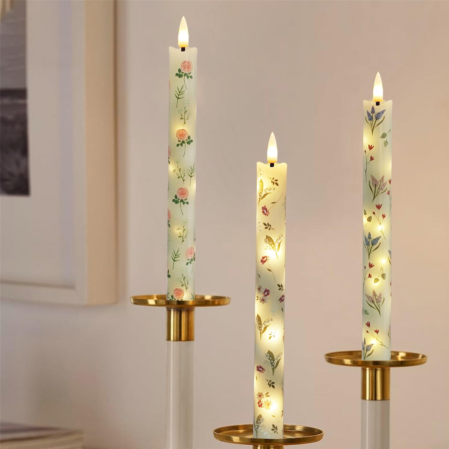 Gedengni Floral Candles Remote Candlesticks-10inches Timer Flickering Battery Operated Candle Chinoiserie LED Taper Candles Lights for Home Wedding Tea Party Windows Decor,3PCS-RFL