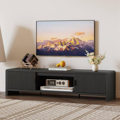 FATORRI TV Stand for 75/65/55 Inch TVs, Mid Century Modern Entertainment Center with Storage, Wooden Television Media Console Cabinet with Fluted-Door for Living Room, Bedroom (63 Inch W, Black)