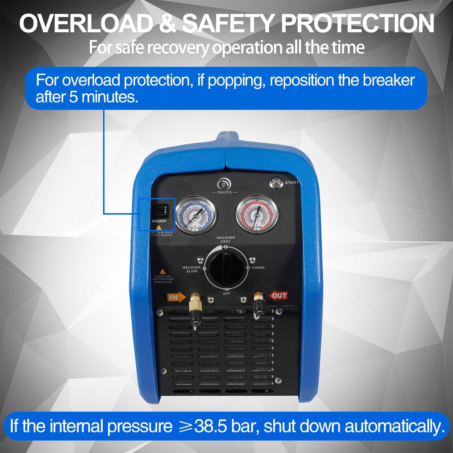 P PBAUTOS 3/4HP R1234YF R32 Refrigerant Recovery Machine, Oil-Less Single Cylinder Portable Freon Recycling Unit 110V for Automotive AC & Household HVAC Systems
