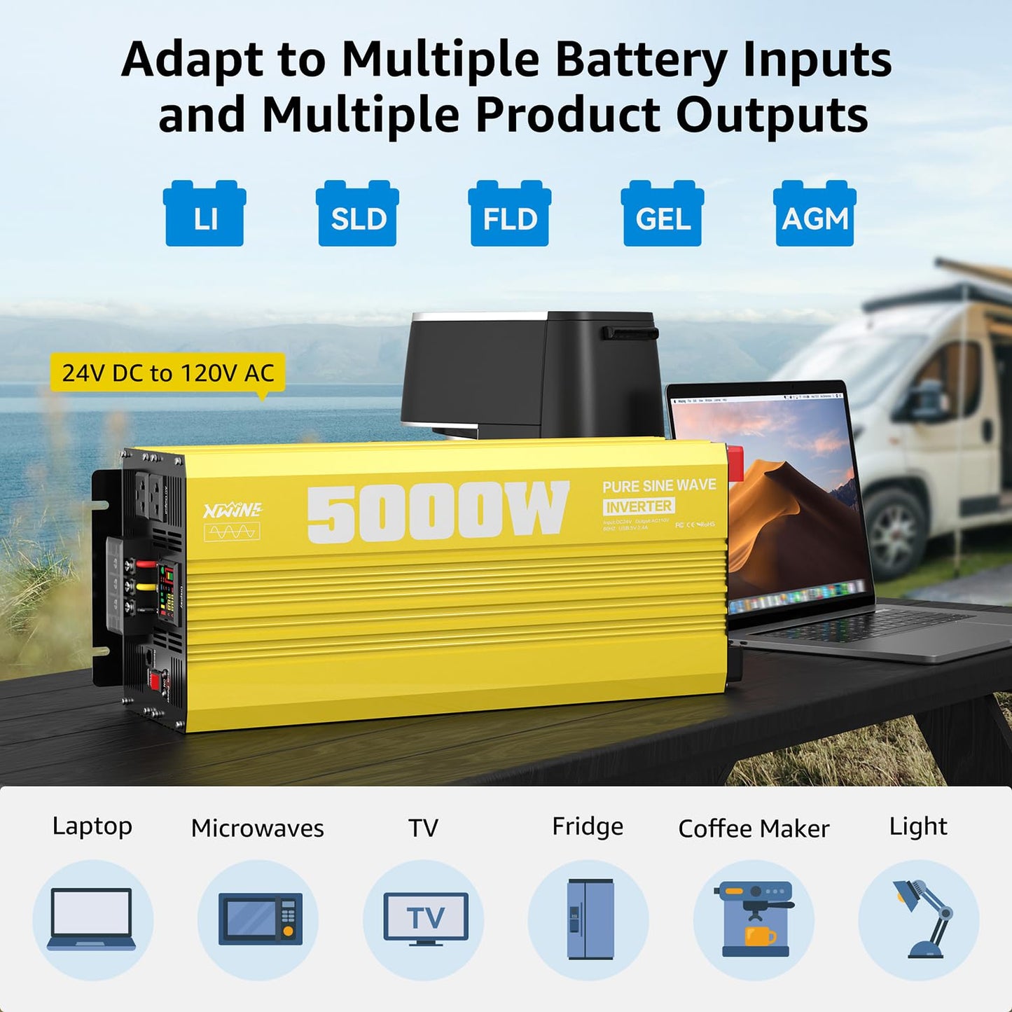 XWJNE 5000W Pure Sine Wave Power Inverter 24V DC to 120V AC Converter with LED Display and Remote Controller for Home, RV, Truck, Off-Grid Solar Power