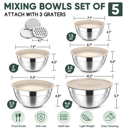 Herogo 5-Piece Mixing Bowls with Lids, 3 Grater Attachments, Stainless Steel Salad Bowls for Kitchen, Size 4.6, 3.5, 2.5, 2, 1.5QT Ideal for Baking, Prepping, Mixing and Serving, Khaki