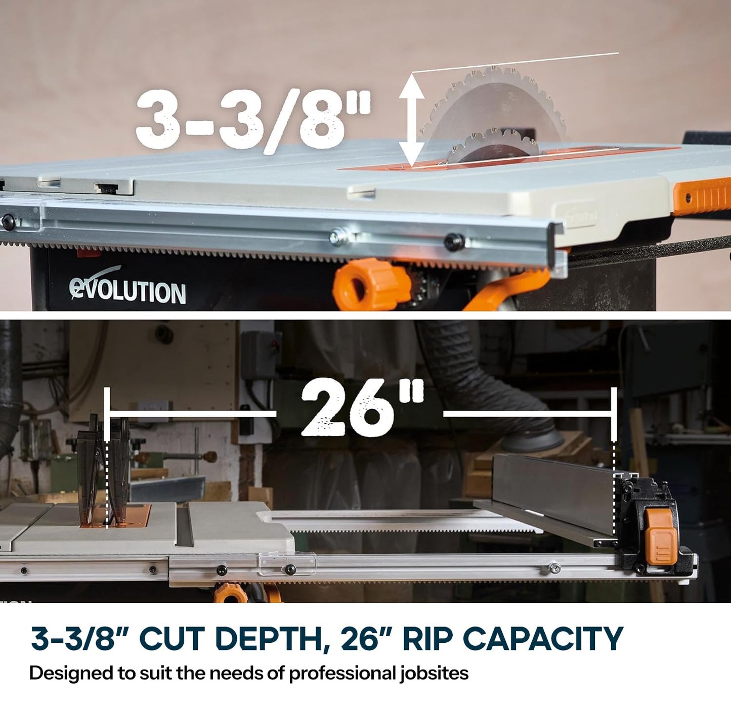 Evolution R10TBLX 10" Jobsite Table Saw with Wheeled Stand | Zero-Clearance Throat Plate | Dado Plate Included | 15A Motor | 26” Rip | 3-3/8” Cut | 0-45° Bevel | Precision Fence | Heavy Duty Portable