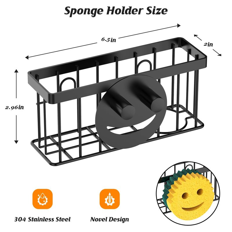 MURLONG Sponge Holder Smiley Face, Sink Caddy for kitchen Sink, Kitchen Organizer Sponge Holder with 2 PCS Suction Cups/1 PCS Adhesive Strips, Designed for Sponge, Soap, Dish brush, Scrubber-Black