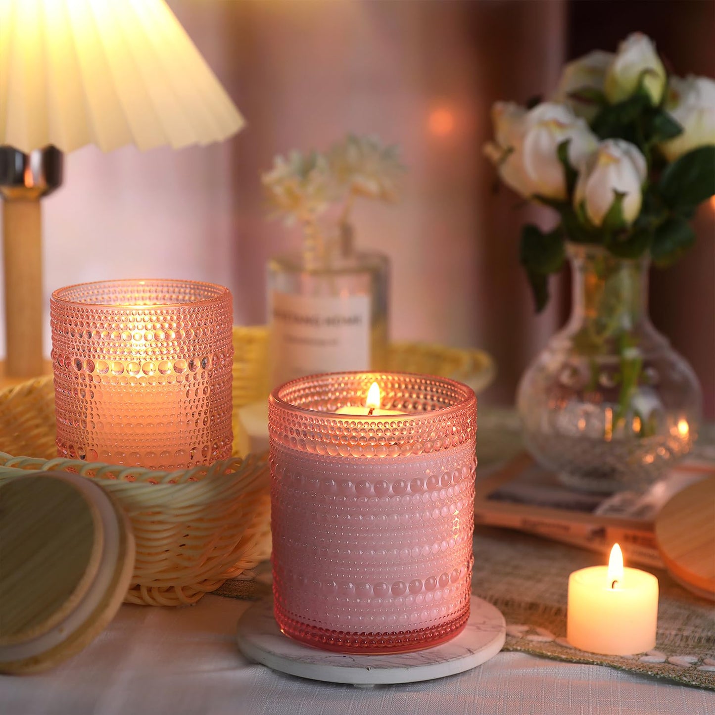 DARJEN 12 Pack Pink Candle Jars for Making Candles- 8 OZ Empty Glass Candle Making Jars with Bamboo Lids and Labels, Candle Containers Candle Making Jars for DIY Gifts