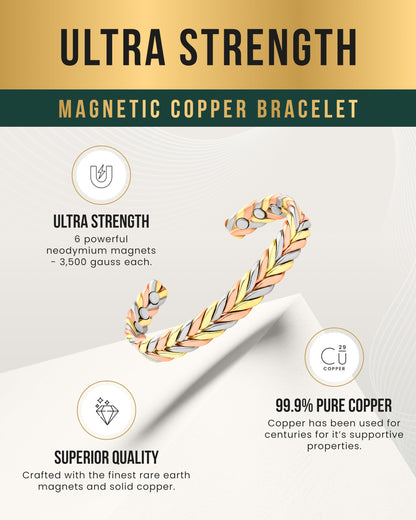 MagnetRX Woven Copper Magnetic Bracelet - Magnetic Copper Bracelets - Adjustable Cuff with Magnets (Tri–Color, X–S/S)
