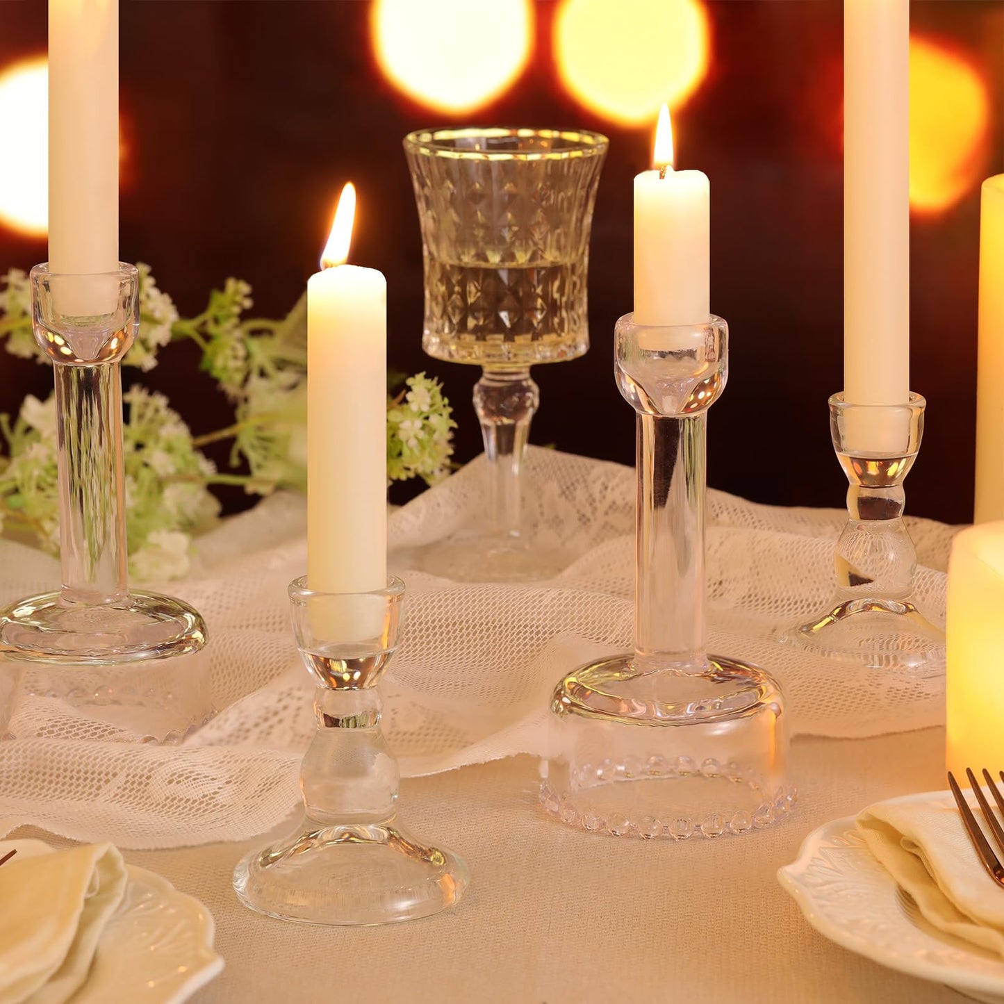 Lanttu Glass Candlestick Holders Set of 6 Clear Taper Candle Holder Bulk Crystal Candle Holders for Wedding, Table Centerpiece, Home Decoration