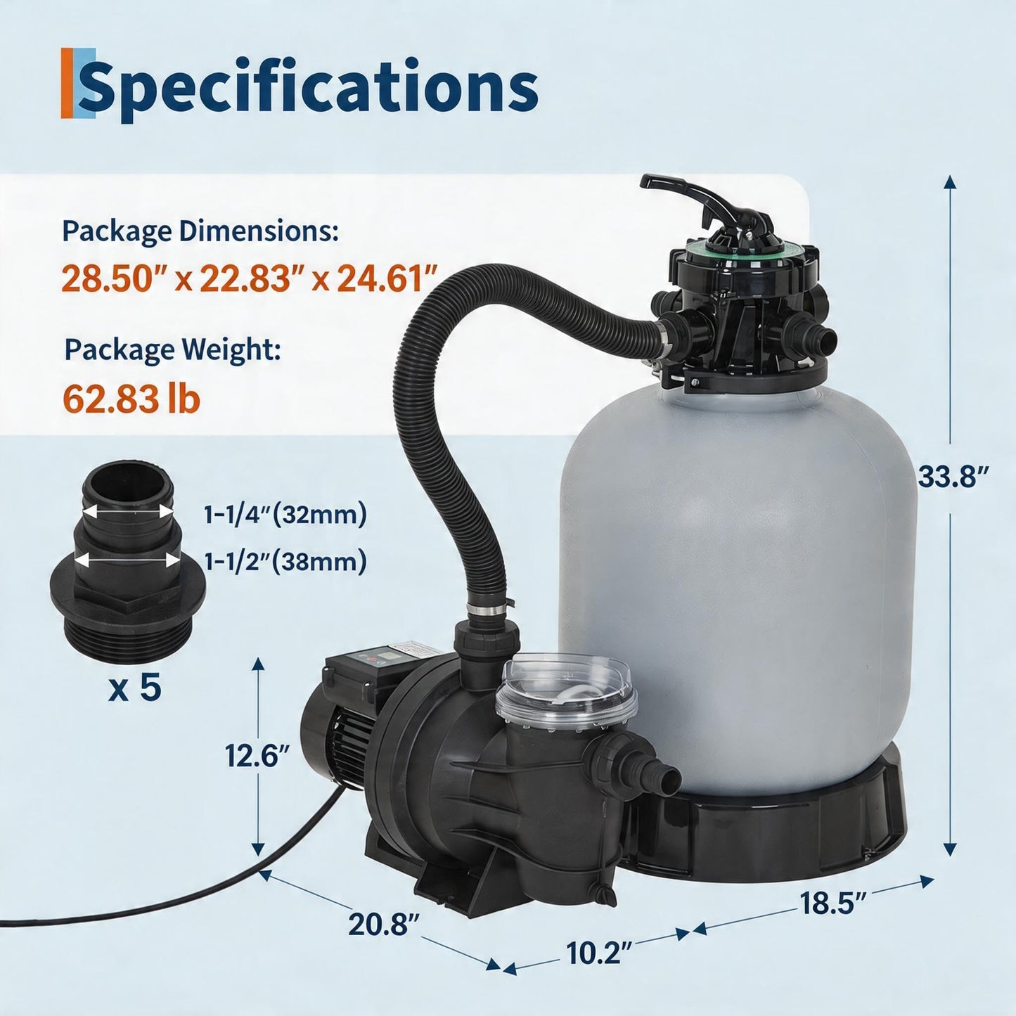 19" Sand Filter Pump for Above Ground Pool with Timer, 1.5HP Swimming Pool Pump & Sand Filter System with 7-Way Valve & Strainer Basket, Pool Pumps Above Ground, Leak-Resistant, 6075GPH, Grey