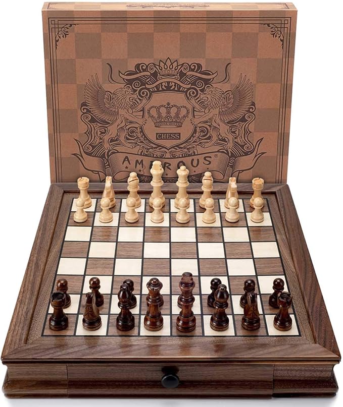 AMEROUS Magnetic Wooden Chess Set 12.8 x 12.8 Walnut Chess Board Game with 2 Built-in Storage Drawers - 2 Bonus Extra Queens - Chess for Beginner Kids and Adults Gift Packaging