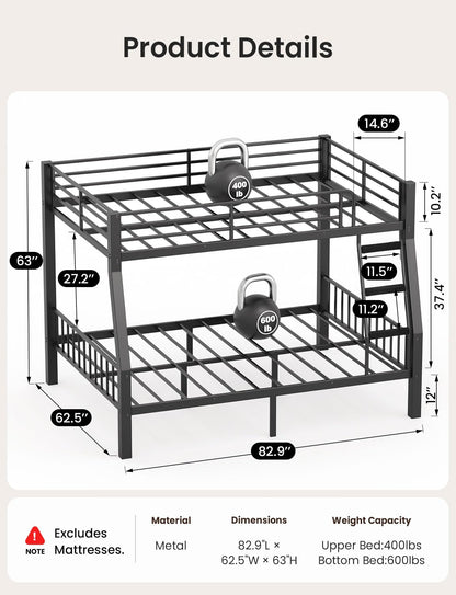 Mixcous Full XL Over Queen Bunk Bed for Adults, Heavy Duty Metal Queen Bunk Bed Frame with Reinforced Steel Slats, Full-Length Guardrails & Anti-Slip Ladder, Noise-Free, No Box Spring Needed, Black