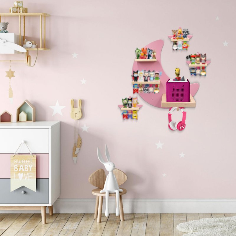 Taladad for Toniebox 2 and Toniebox 1 Tonie Shelf Wall Mounted Set of 4 (Moon and 3 Stars),Tonies Figures Tonies Storage,Magnetic Wooden Floating Shelves Compatible with Tonie Box Player Character