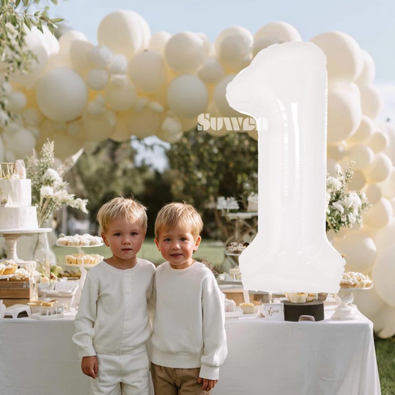 SUWEN 40 Inch White Large 1 Balloon Number Big Foil Helium Number Balloons 0-9 Giant Jumbo Happy 1st Birthday Party Decorations for Boy or Girl Huge Mylar Anniversary Party Supplies