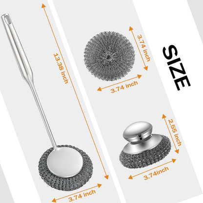 Heavy Duty Stainless Steel Scrubber Set - Long & Short Handle with 5 Steel Wool Pads, Cast Iron & Pot Scrubber for Dishes, Pans, Grills, Stoves