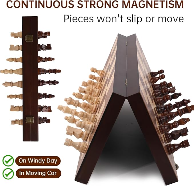 Magnetic Wooden Chess Set 15'' Folding Chess Board Portable Travel Chess Set Games with Chessboard Bag Beginner Chess Set for Tournament Professional Beginner