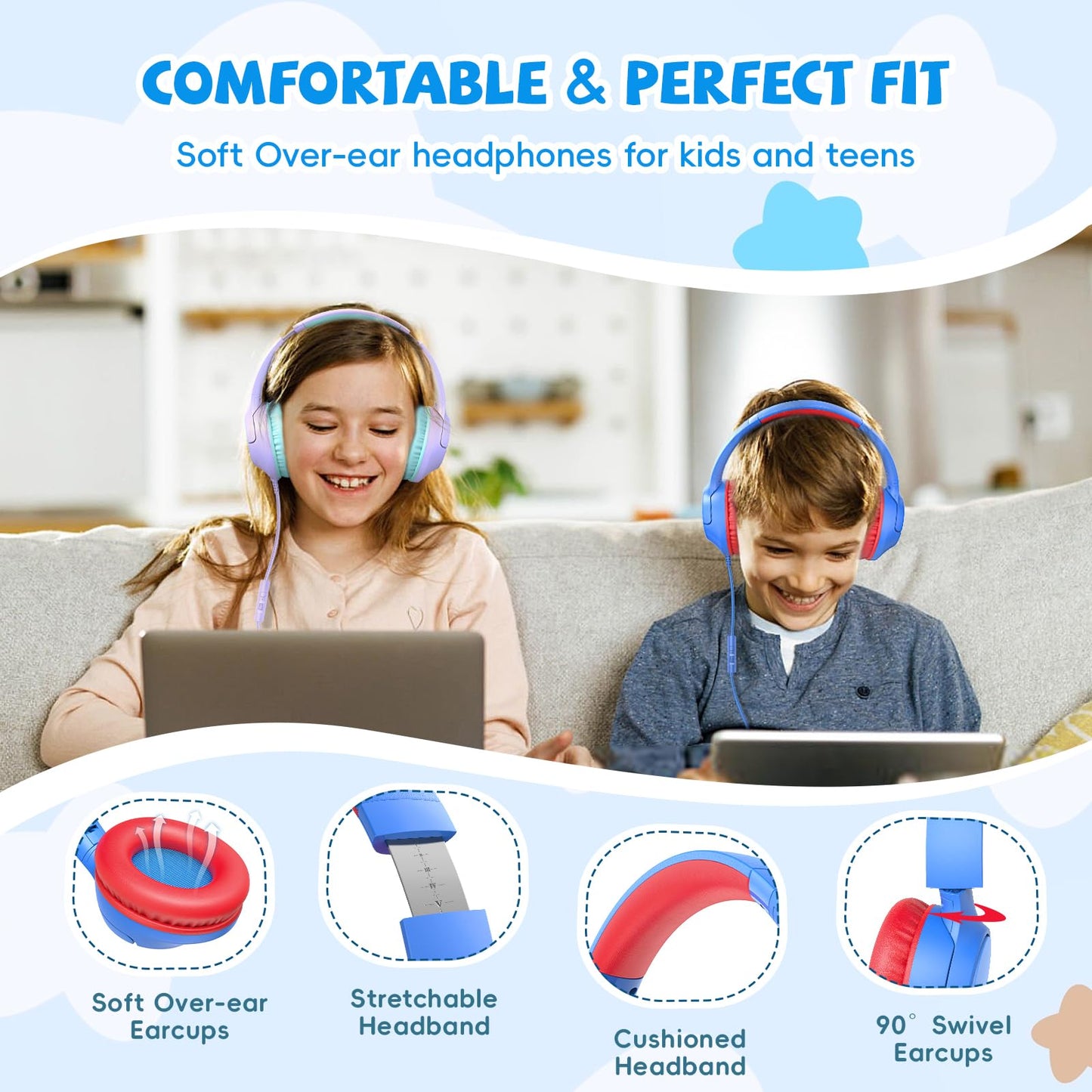 Kids Headphones for School, 85/94 dB Volume Limit, Wired Over Ear Headphones for Kids Boys Girls with Microphone, Foldable Stereo Sound 3.5mm Wired Cord for Kindle Tablet Airplane Travel, Blue