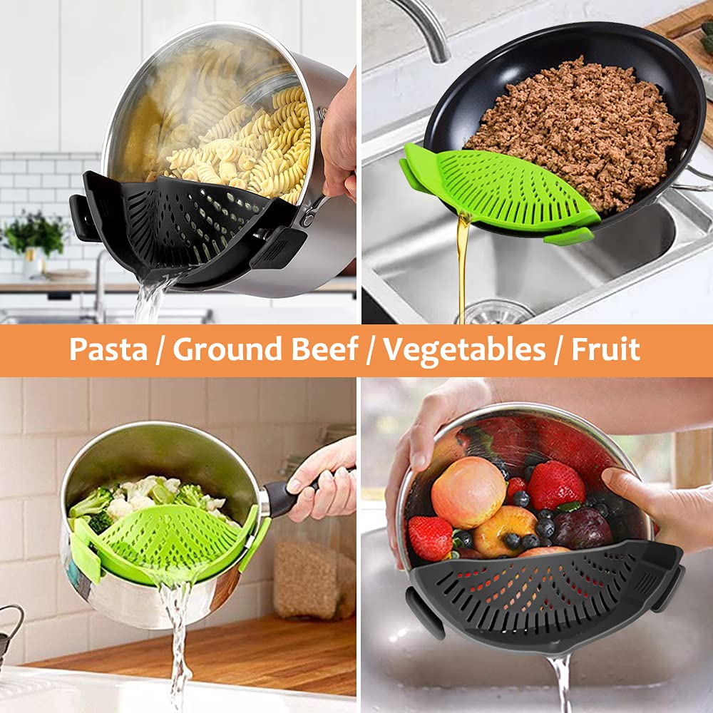 YEVIOR Clip on Strainer for All Pots Pan,Silicone Pasta Strainer Kitchen Gadgets,Collapsible Colander for Noodle,Vegetables,Fruit,Spaghetti (Grey)