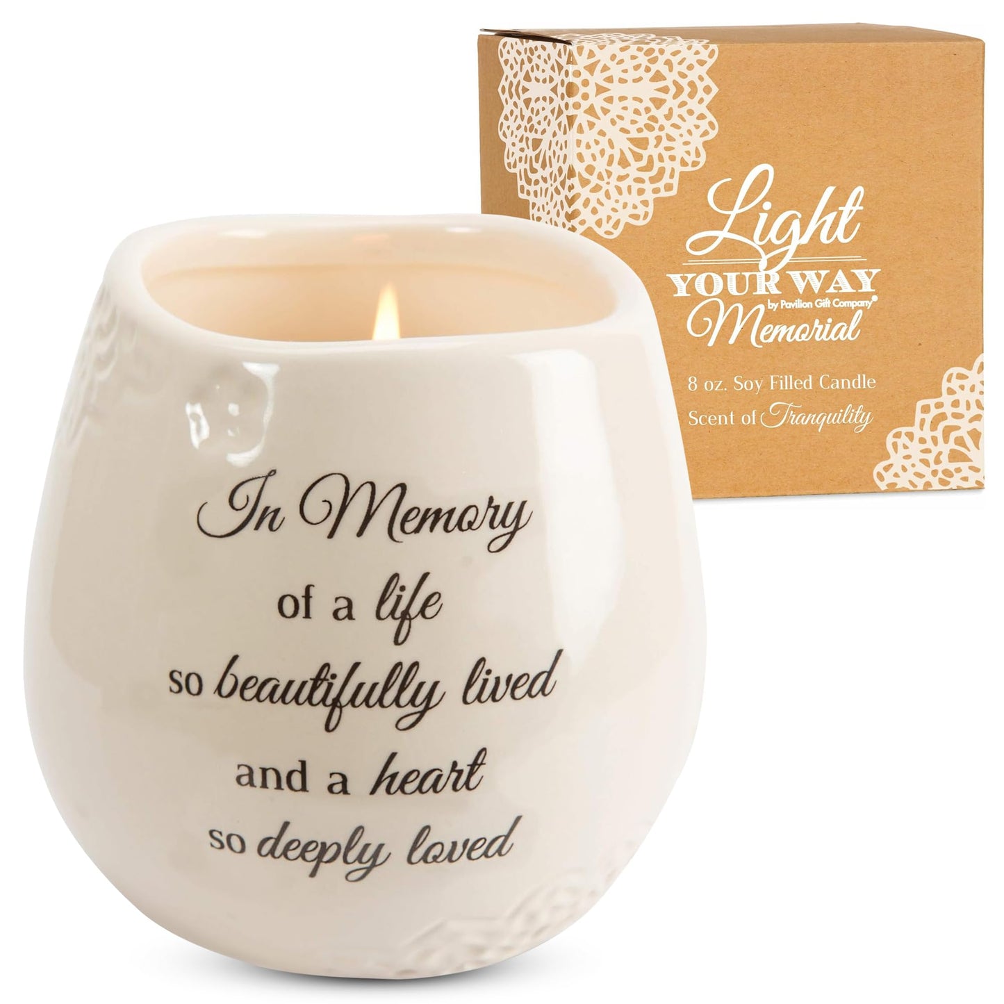 Pavilion 'In Memory, Beautifully Lived' 19178 - White Ceramic Candle with Soy Wax in a Delicate Floral Scent, Thoughtful Sympathy, Remembrance, and Condolence Gift - 8 Ounces