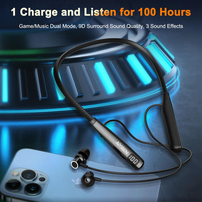 AIYIBEN Neckband Bluetooth Headphone with LED Power, Neckband Headphones 100 Hours Playtime, in-Ear Bluetooth Headphone with Microphone for Running and Exercising in The Gym (Y10)