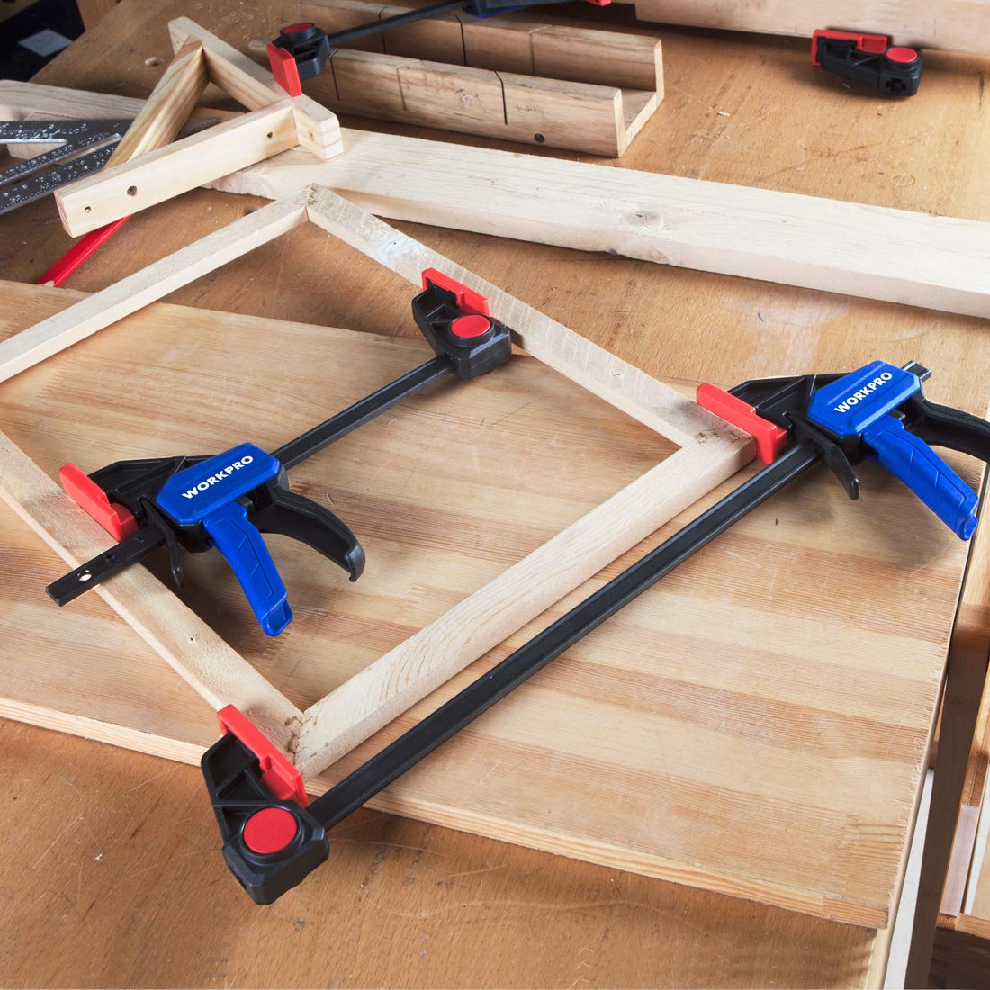WORKPRO Bar Clamps for Woodworking, 6-Pack One-Handed Clamp/Spreader, 6-Inch (4) and 12-Inch (2) Wood Clamps Set, Light-Duty Quick-Change F Clamp with 150 lbs Load Limit Blue