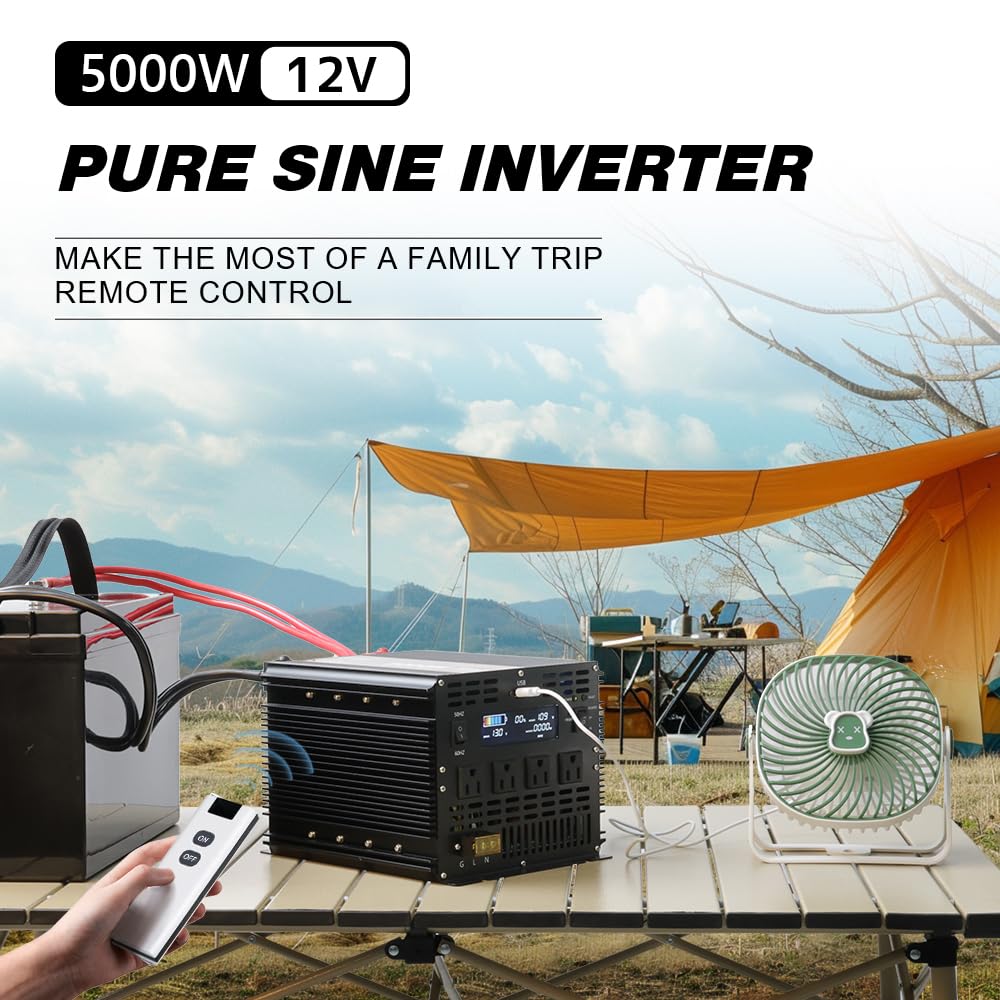 5000 Watt Pure Sine Wave Power Inverter, 12V DC to 110V/120V AC Converter 10000W Peak, with Remote Control LCD, 4 AC Outlets & USB Port & Hardwire Terminal, for Car Truck RV Camping Solar System EPS