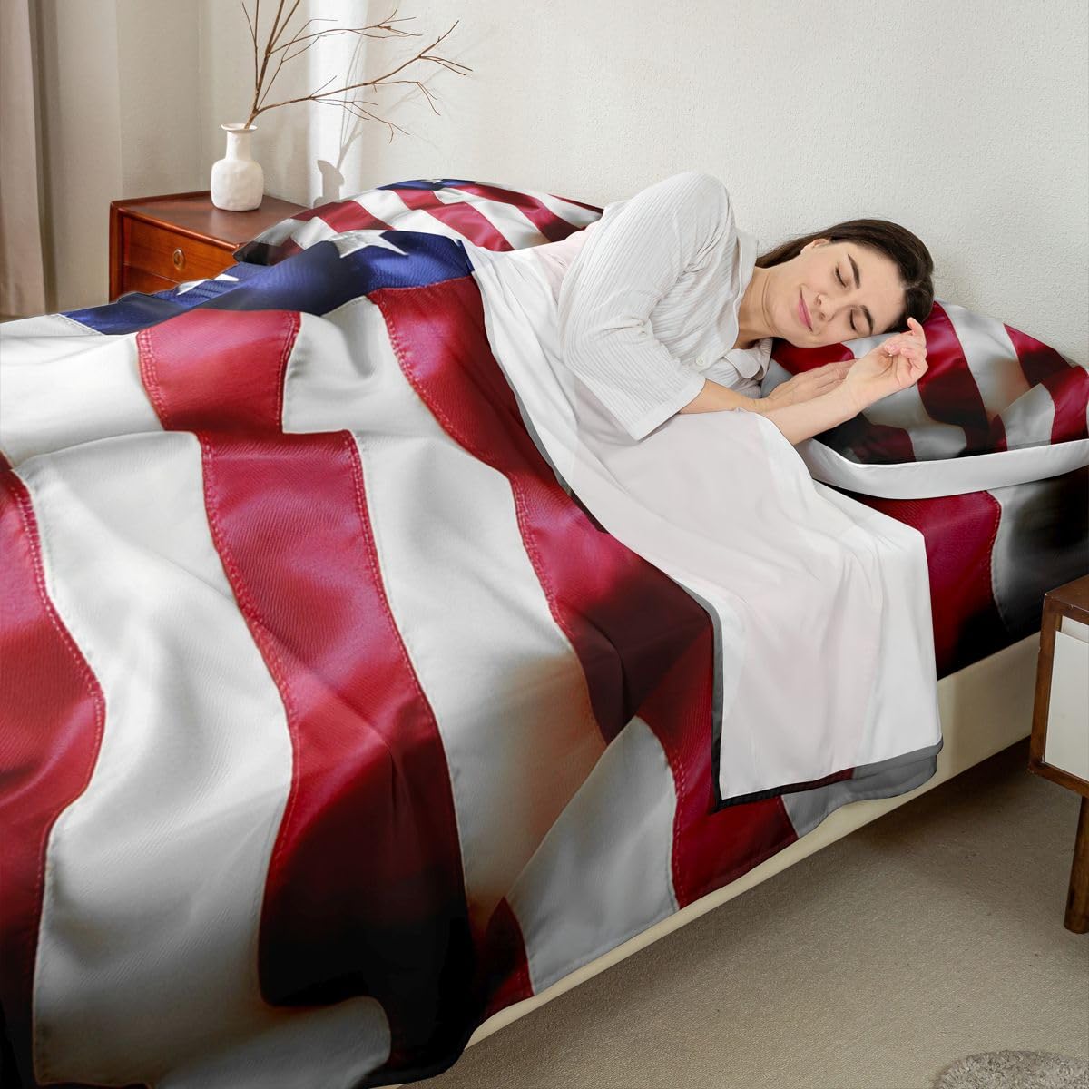 Erosebridal United States Sheet Set Teens American Flag Fitted Sheet Queen, Blue Red Bedding Set Geometric Stripes Bed Sheet with Deep Pocket, 4 Pcs with 1 Fitted Sheet, 1 Flat Sheet, 2 Pillow Cases