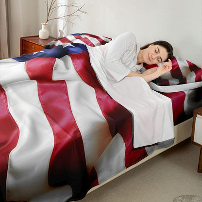 Erosebridal United States Sheet Set Teens American Flag Fitted Sheet Queen, Blue Red Bedding Set Geometric Stripes Bed Sheet with Deep Pocket, 4 Pcs with 1 Fitted Sheet, 1 Flat Sheet, 2 Pillow Cases