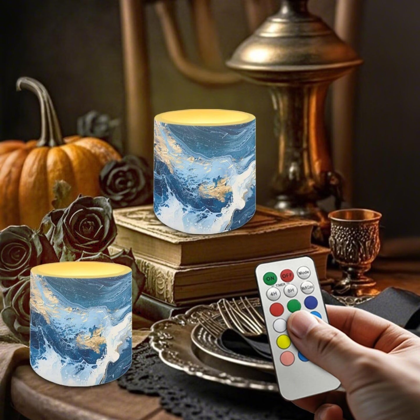 Merkmak Blue Marble Flameless Candles with Remote and Timer Candles Battery Operated LED Pillar Tea Lights for Home Decoration