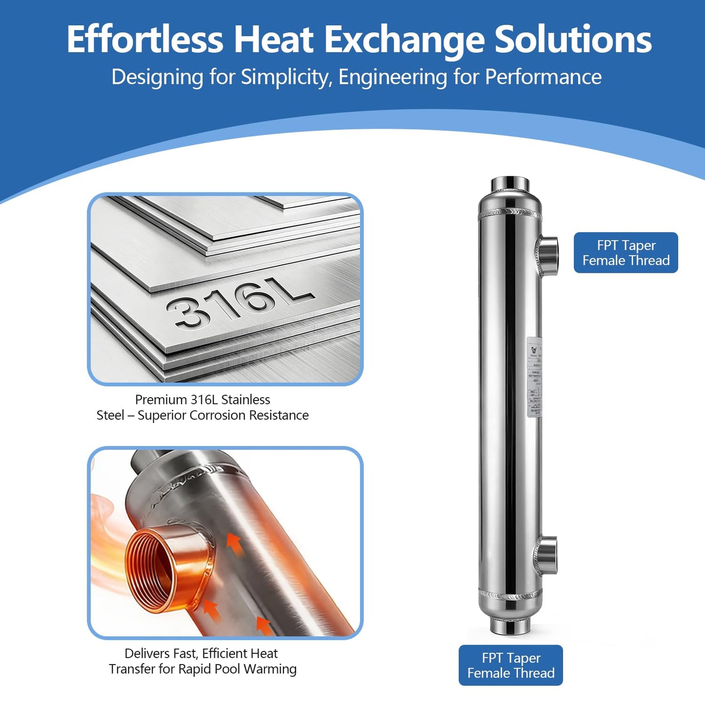 AB Pool Heat Exchanger 155kBtu Stainless Steel 316L Same Side Ports 1 1/2" & 1" FPT for 11,900 Gallon for Spa/Solar/Pool Heating
