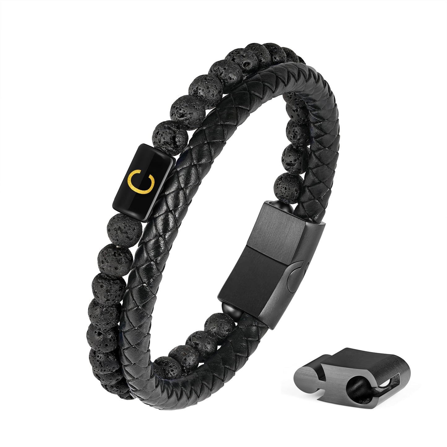 Leather Bracelets for Men with Initial - Men Gifts Lava Rock Bead Magnetic Clasp Gift for Husband Black Mens Leather Bracelets Men's Initial C Bracelet for Men's Jewelry Mens Gifts for Dad Husband