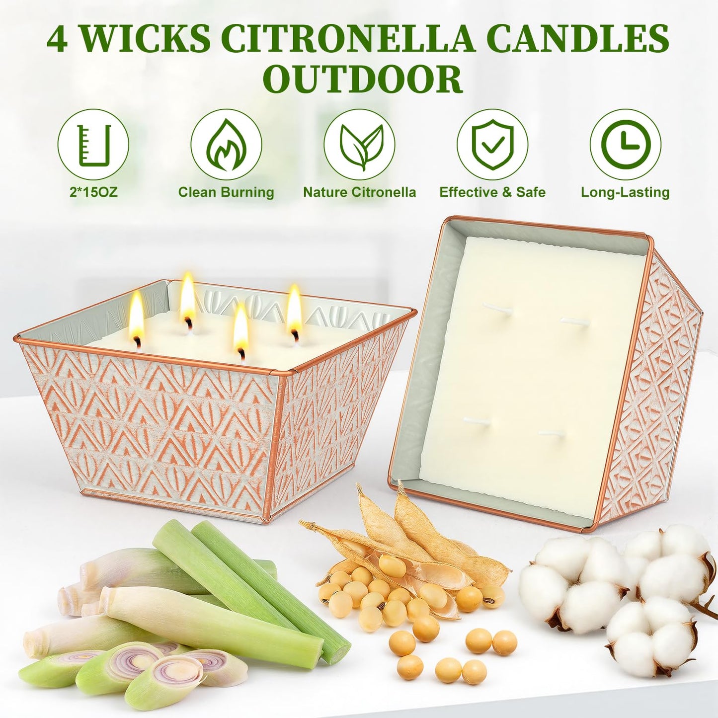 Citronella Candles Outdoor –Large Citronella Candle 30oz 4 Wicks 180-Hour Burn Time, Outdoor Candles for Patio, Backyard, Home, Balcony, Camping, Emergency & Survival