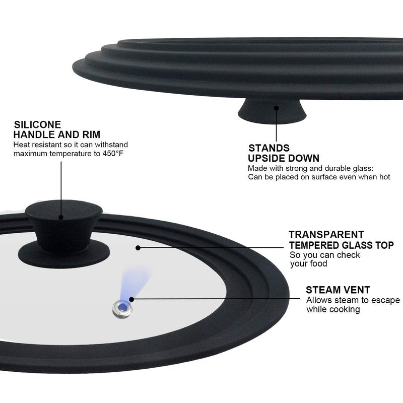 Universal Lid for Pots, Pans and Skillets & Frying Pan - Small Pan lids Fits 6.5", 7" and 8" Diameter Cookware - Tempered Glass with Heat Resistant Silicone Rim